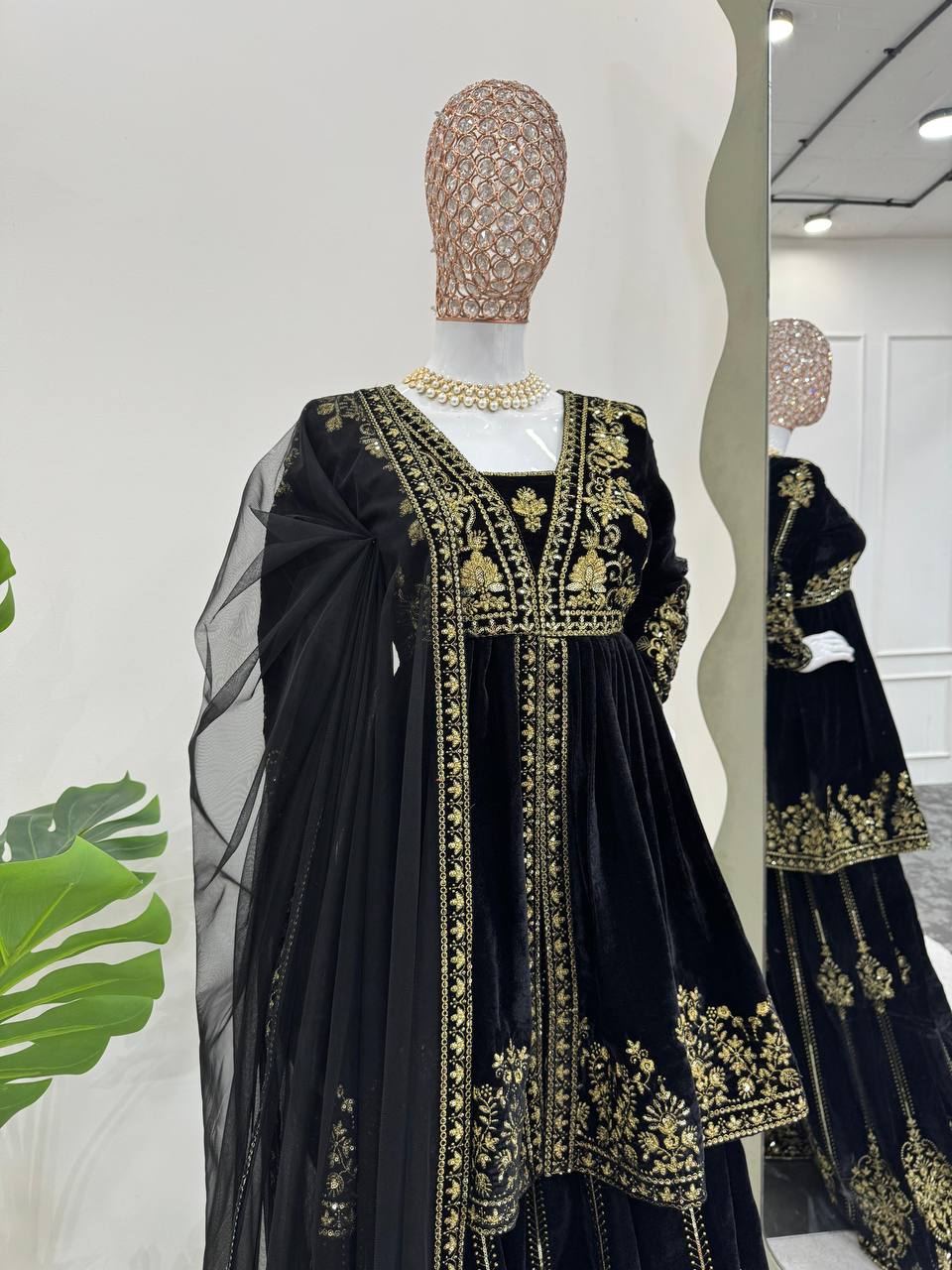 Black Elegant Velvet Ensemble – Top, Plazo & Dupatta
