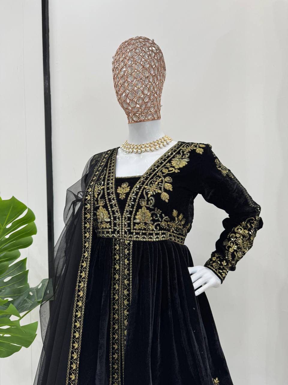 Black Elegant Velvet Ensemble – Top, Plazo & Dupatta