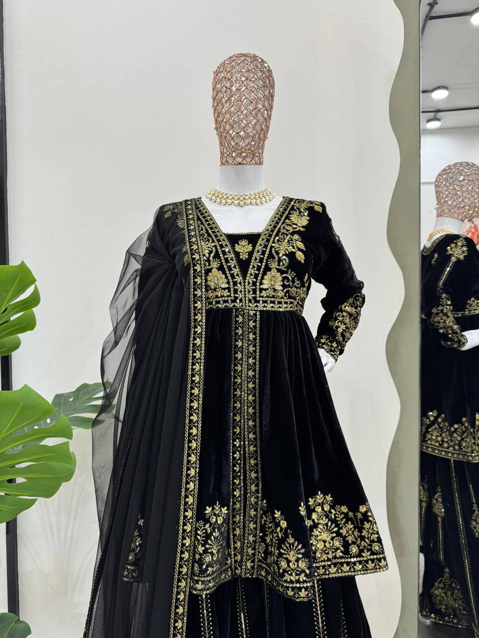 Black Elegant Velvet Ensemble – Top, Plazo & Dupatta