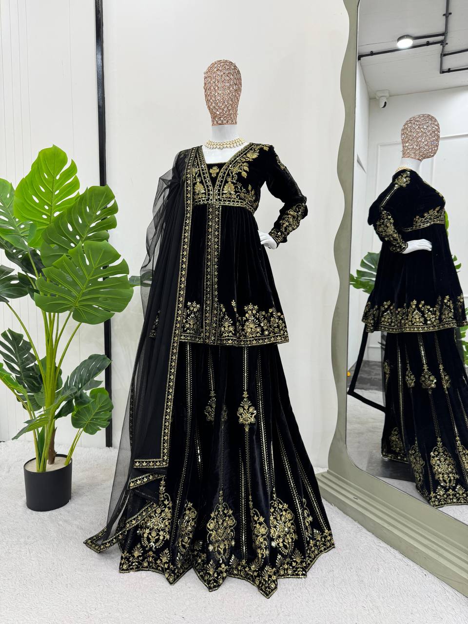 Black Elegant Velvet Ensemble – Top, Plazo & Dupatta