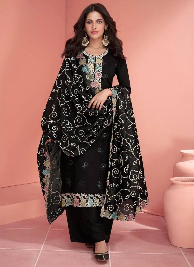 Black Elegant Vichitra Silk Embroidered Suit Set