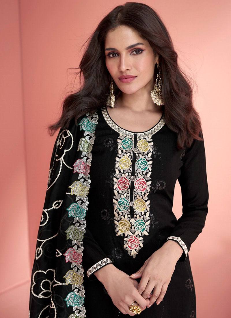 Black Elegant Vichitra Silk Embroidered Suit Set