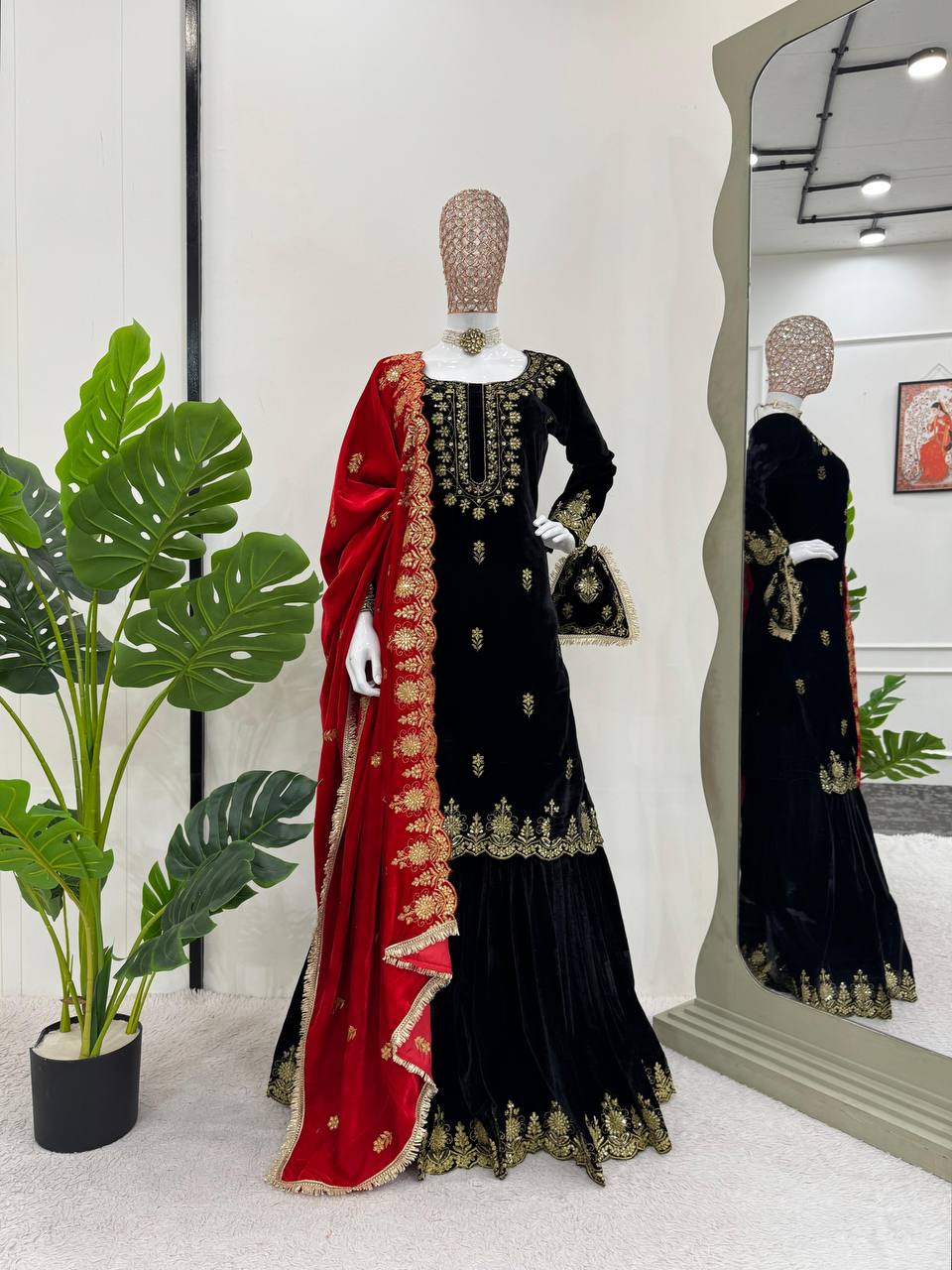 Black Elegant Viscose Velvet Embroidered Sharara Set