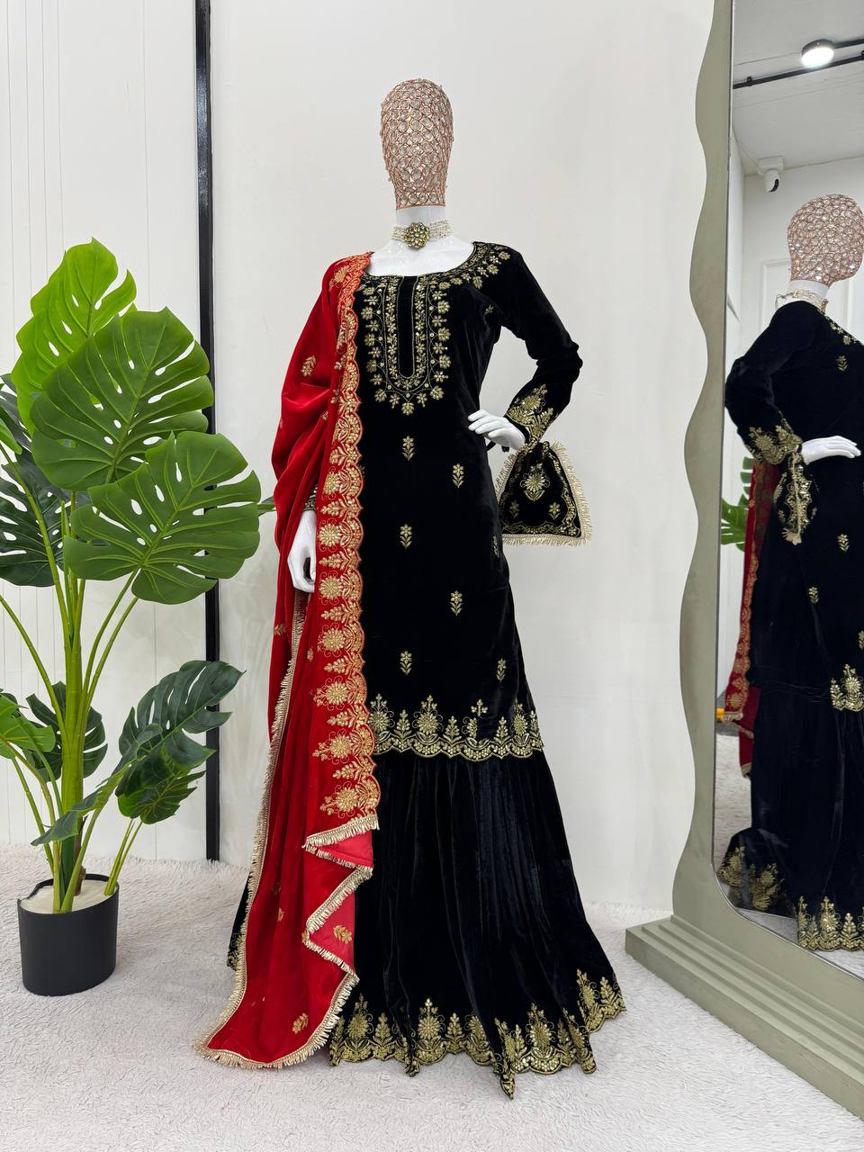 Black Elegant Viscose Velvet Embroidered Sharara Set