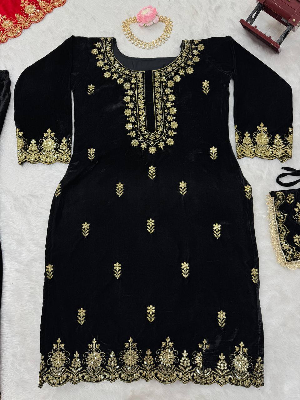 Black Elegant Viscose Velvet Embroidered Sharara Set