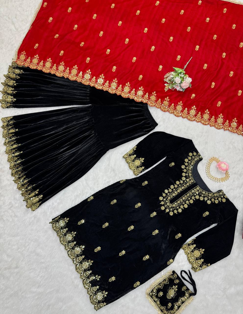 Black Elegant Viscose Velvet Embroidered Sharara Set