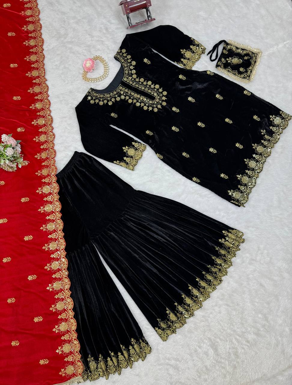 Black Elegant Viscose Velvet Embroidered Sharara Set