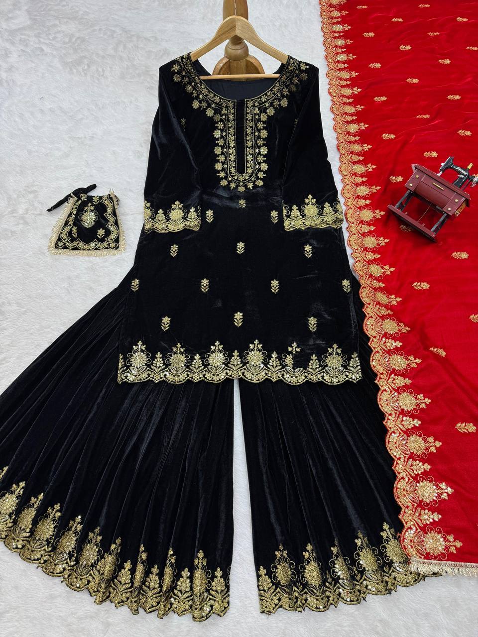 Black Elegant Viscose Velvet Embroidered Sharara Set