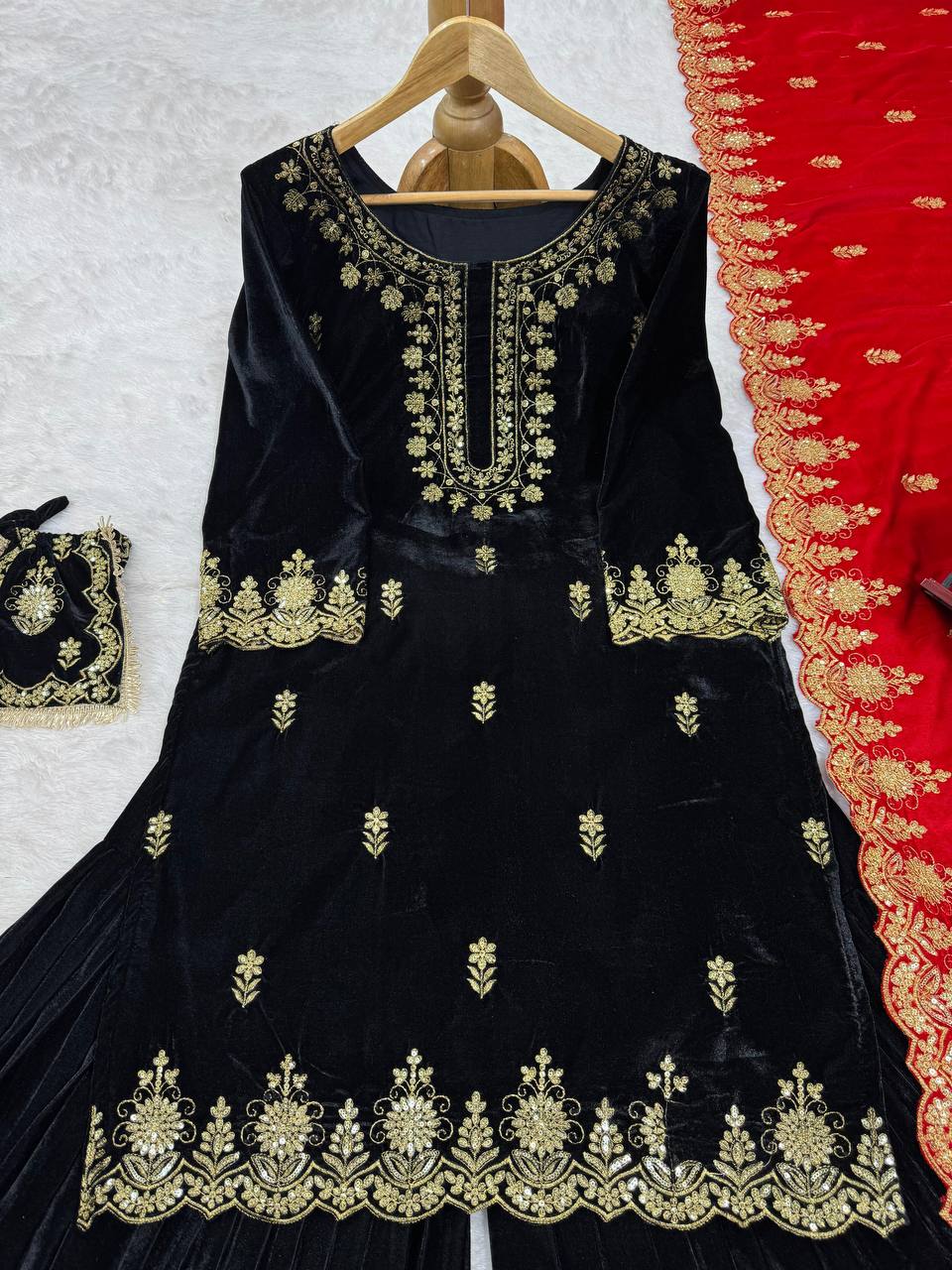 Black Elegant Viscose Velvet Embroidered Sharara Set