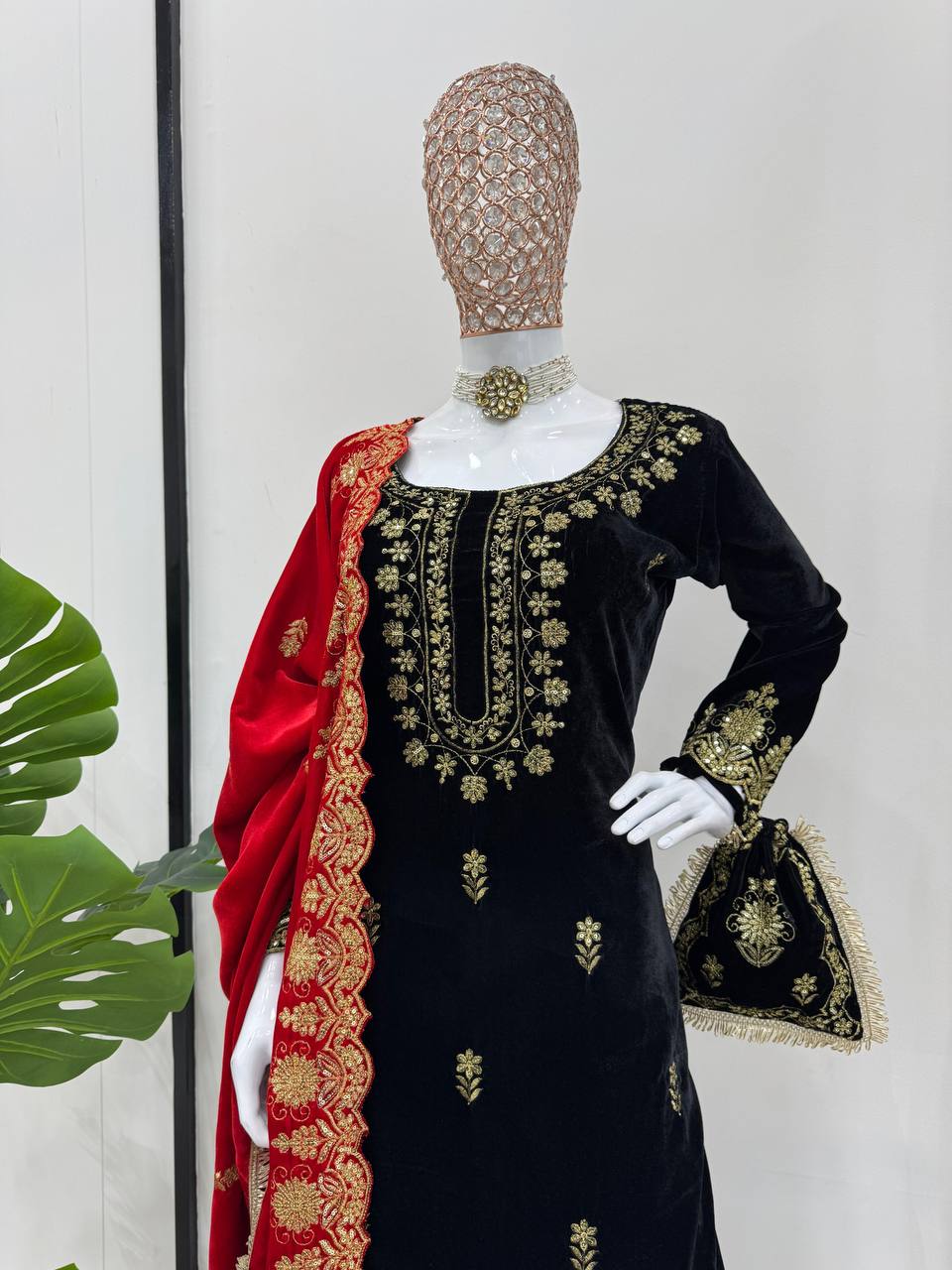 Black Elegant Viscose Velvet Embroidered Sharara Set