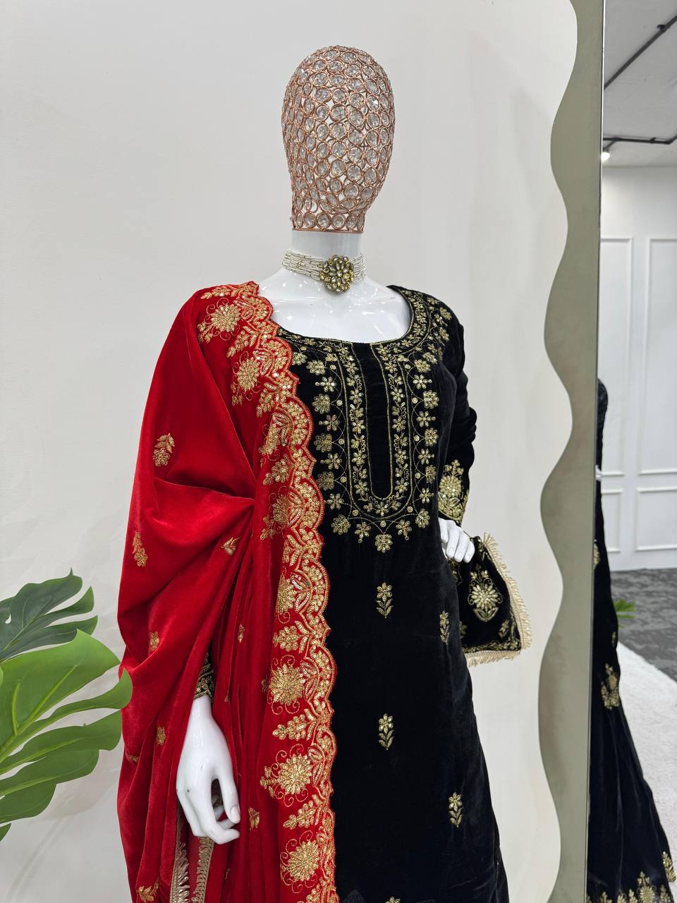 Black Elegant Viscose Velvet Embroidered Sharara Set