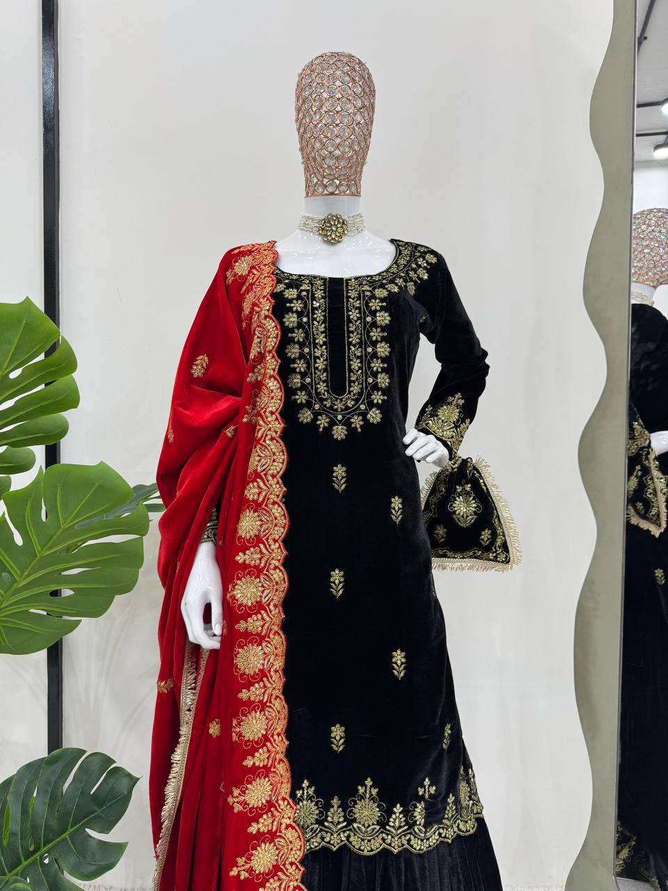 Black Elegant Viscose Velvet Embroidered Sharara Set