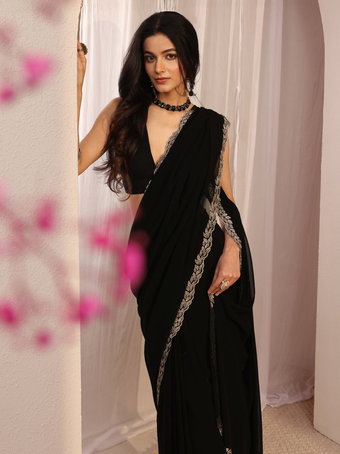 Mameraa Black Embellished Georgette Saree With Unstiched Blouse Piece