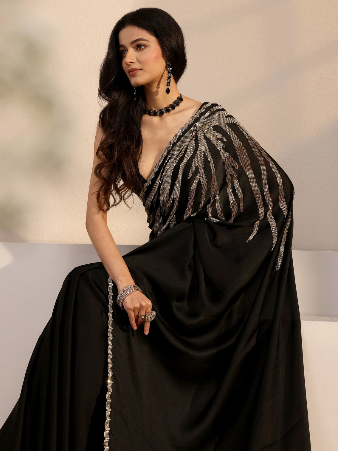 Mameraa Black Embellished Satin Saree With Unstiched Blouse Piece