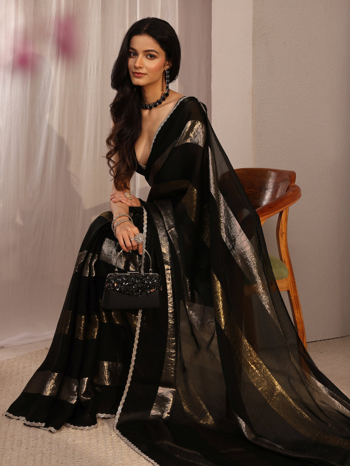 Mameraa Black Embellished Tissue Saree With Unstiched Blouse Piece