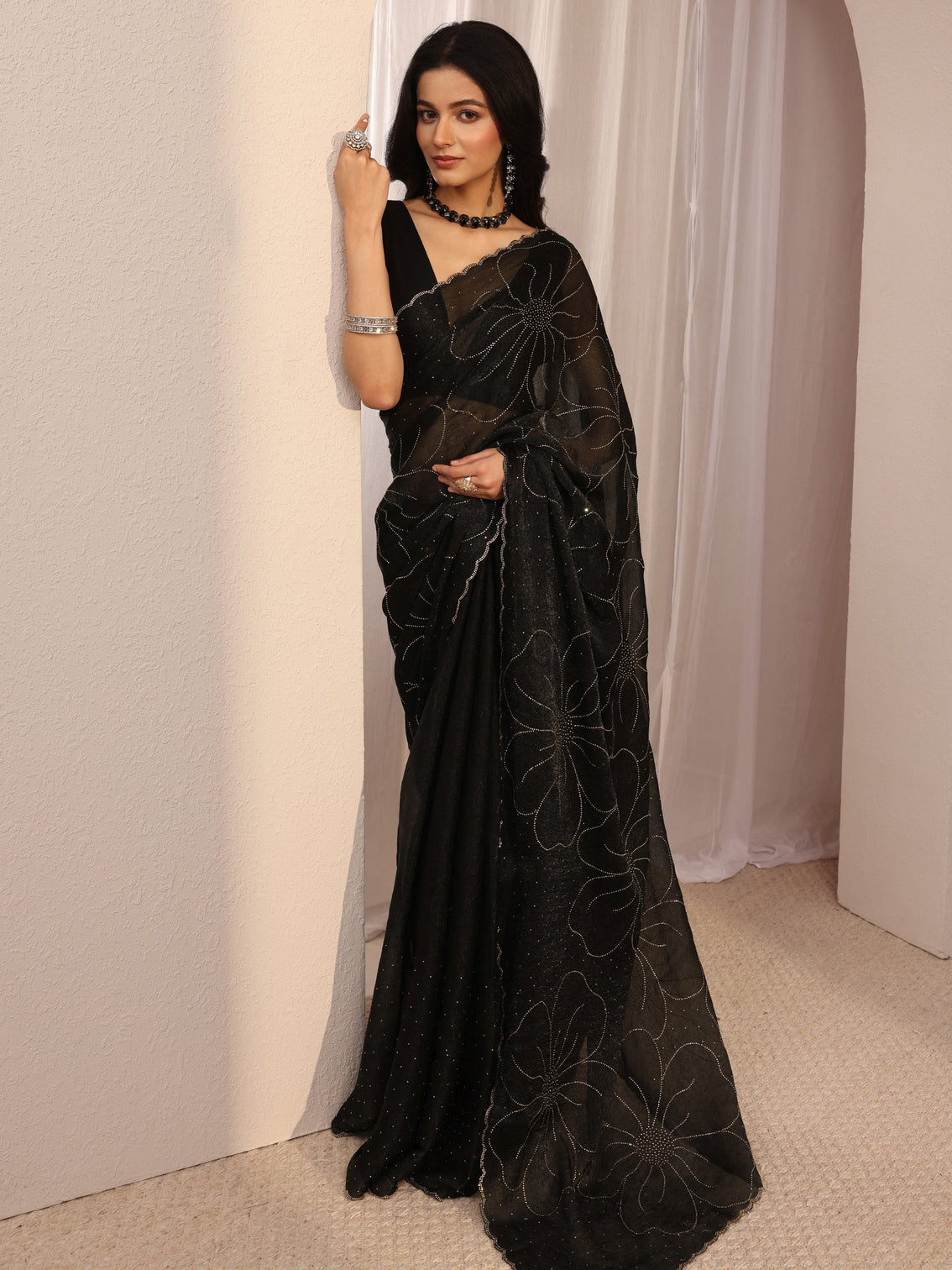 Mameraa Black Embellished Tissue Saree With Unstiched Blouse Piece
