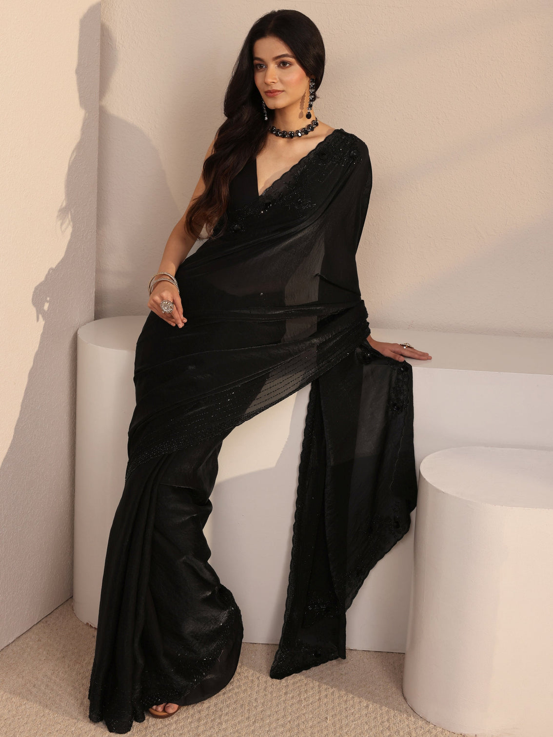 Mameraa Black Embellished Tissue Saree With Unstiched Blouse Piece