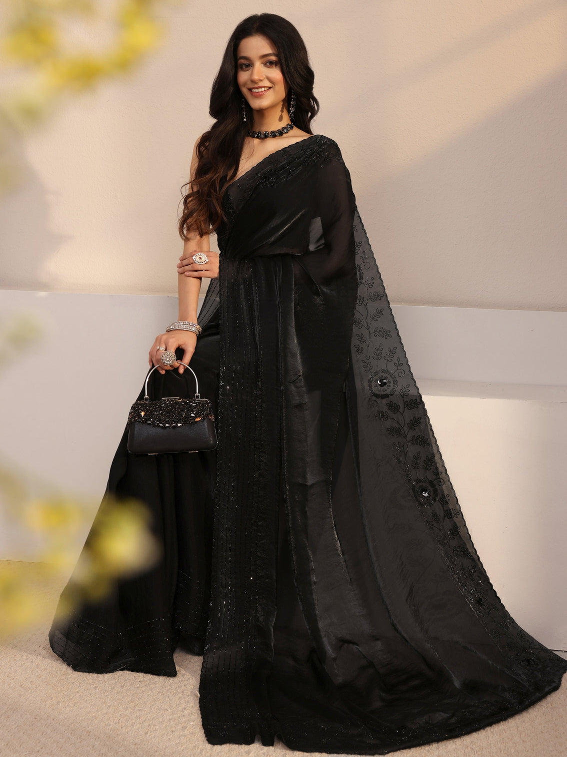 Mameraa Black Embellished Tissue Saree With Unstiched Blouse Piece