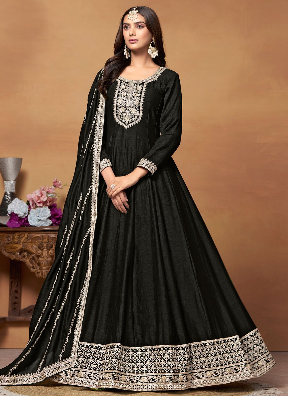 Black embroidered anarkali suit in art silk
