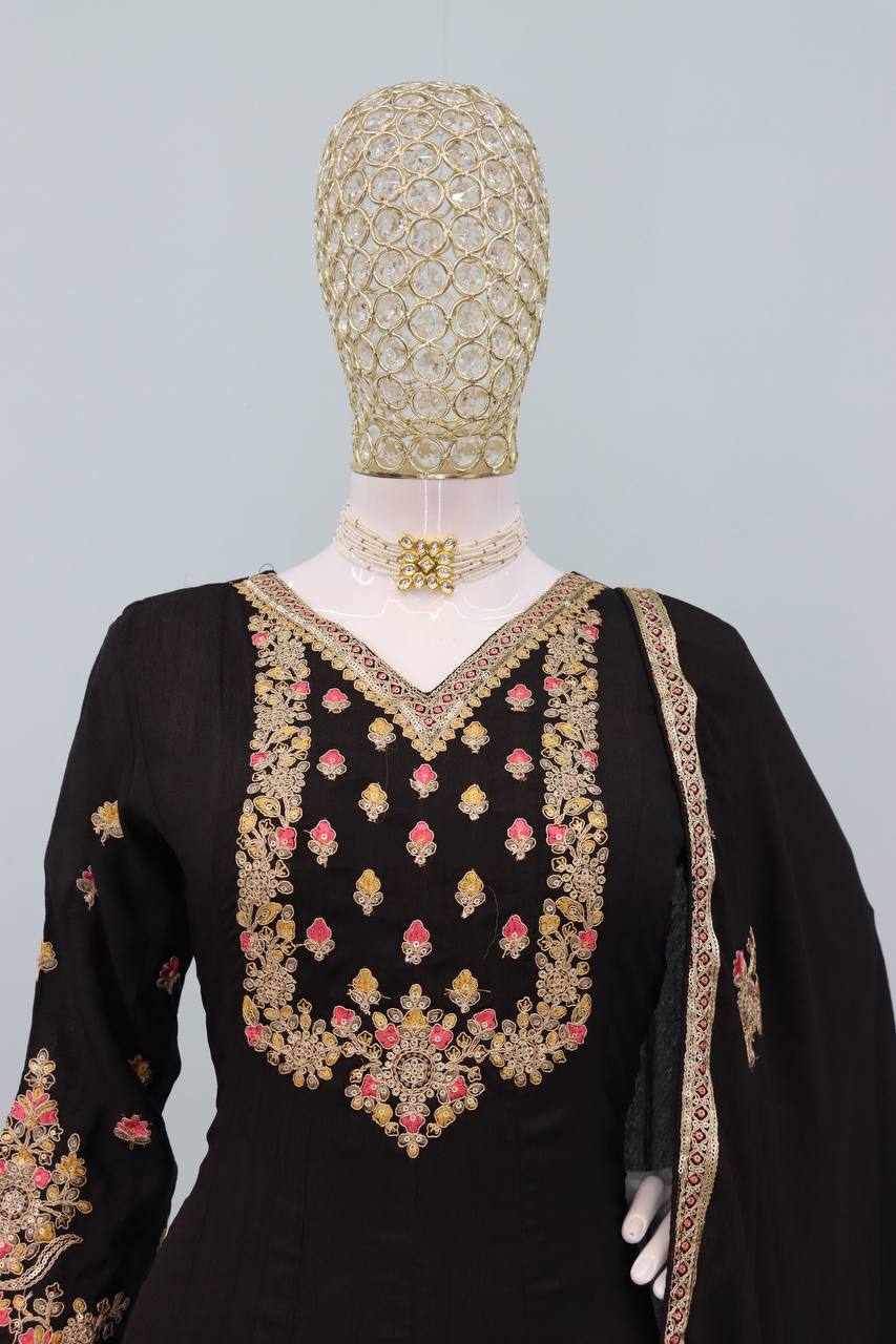 Black Embroidered Chinon Gown with Dupatta – Fully Stitched