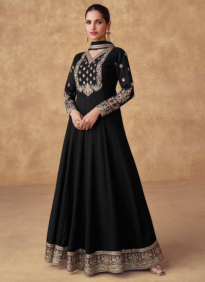 Black Embroidered Chinon Gown with Dupatta – Fully Stitched