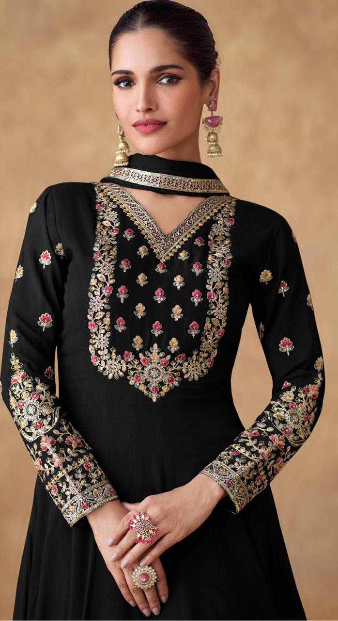 Black Embroidered Chinon Gown with Dupatta – Fully Stitched