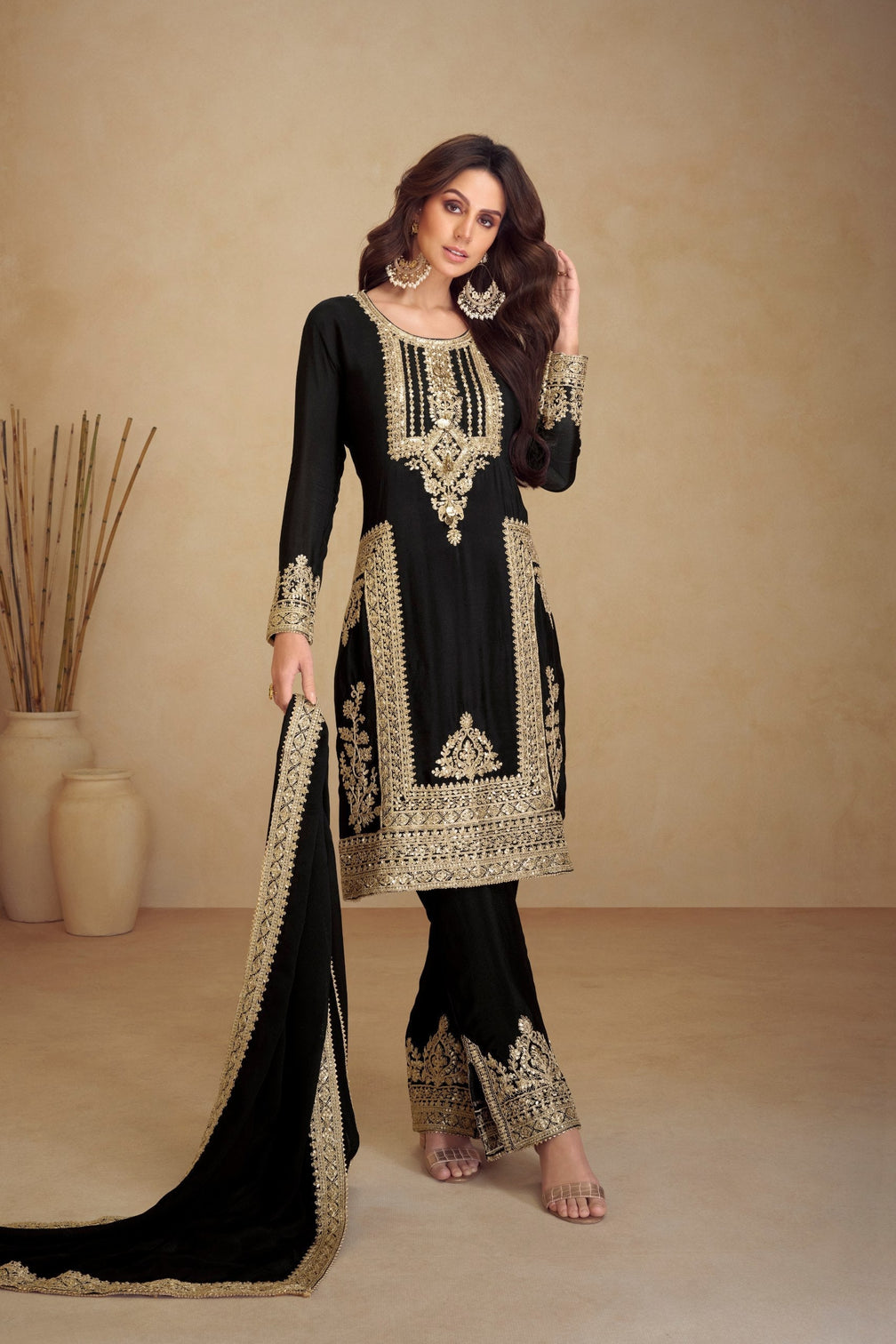 Black Embroidered Chinon Kurta Palazzo Set with Lace Dupatta – Elegant Stitched Ensemble