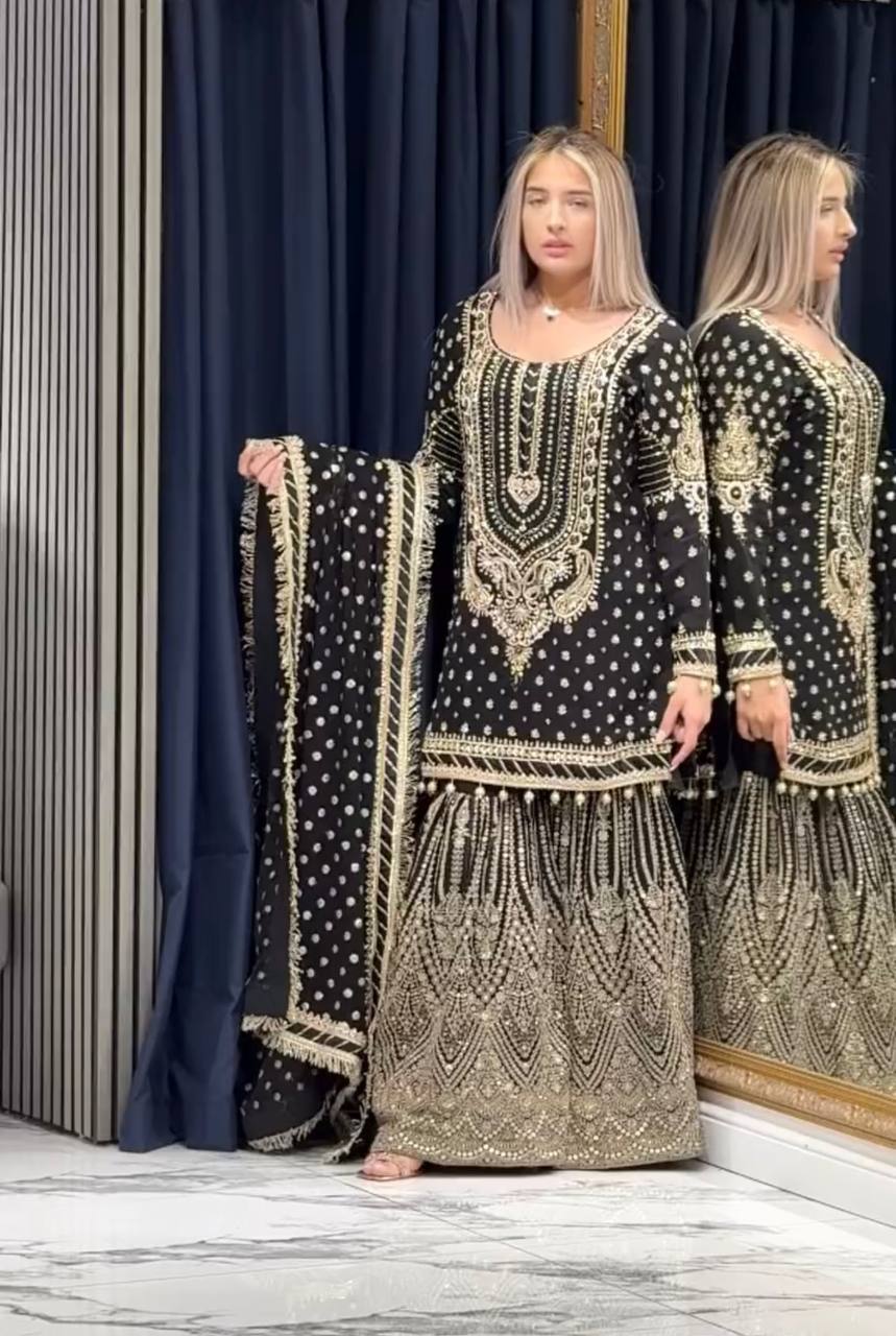 Black Embroidered Faux Georgette Plazzo Set with Sequins Work & Lace Dupatta