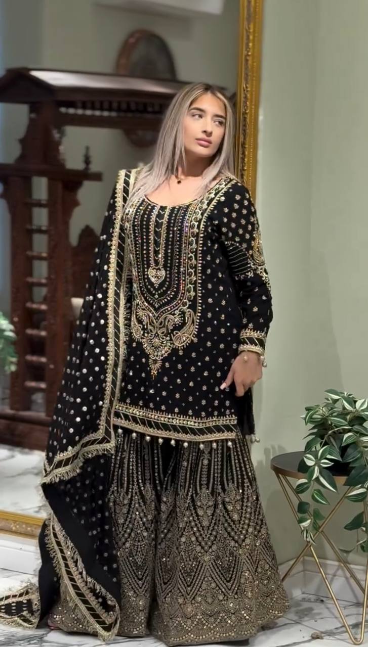 Black Embroidered Faux Georgette Plazzo Set with Sequins Work & Lace Dupatta