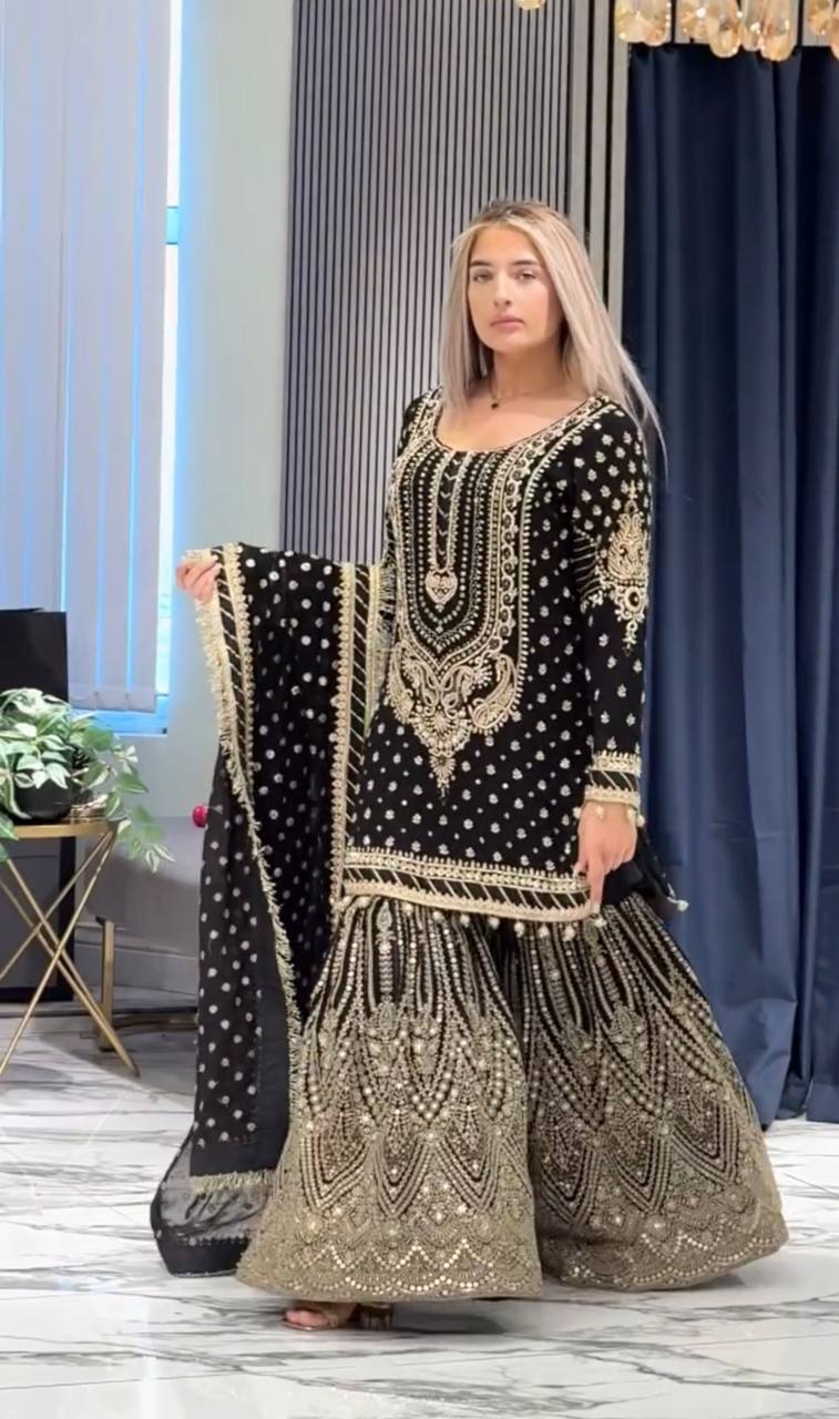 Black Embroidered Faux Georgette Plazzo Set with Sequins Work & Lace Dupatta