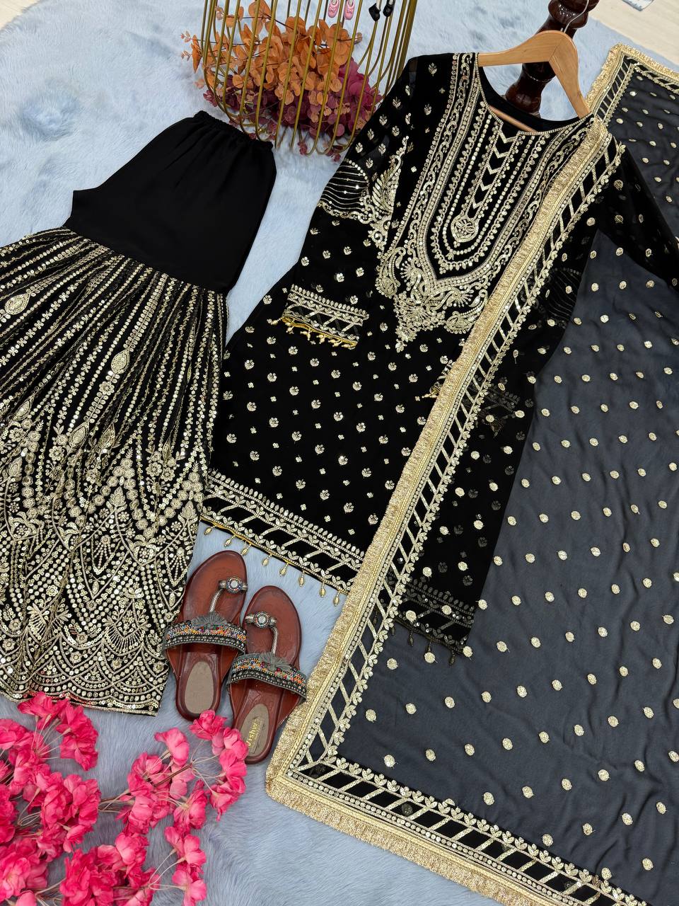 Black Embroidered Faux Georgette Plazzo Set with Sequins Work & Lace Dupatta