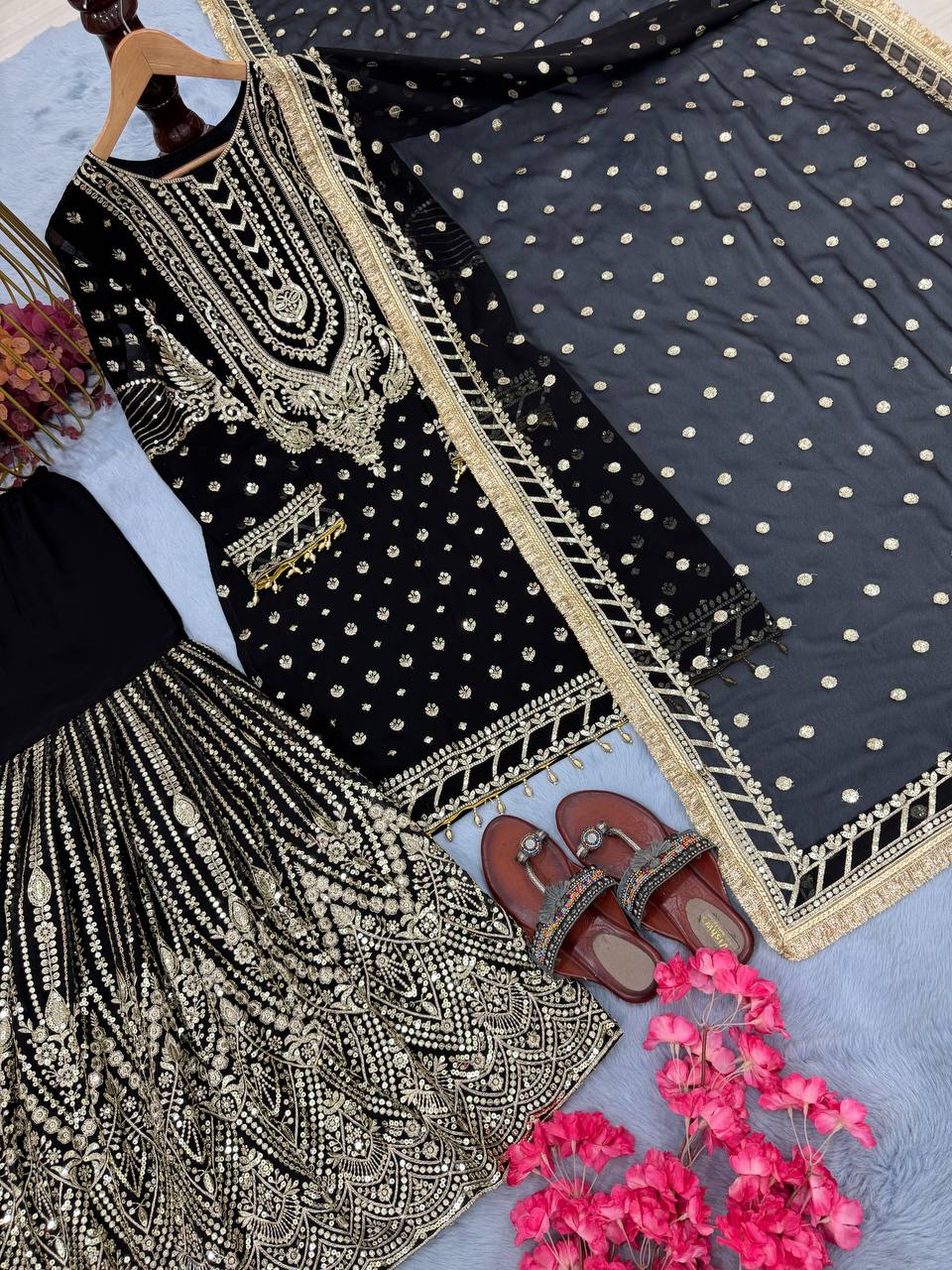 Black Embroidered Faux Georgette Plazzo Set with Sequins Work & Lace Dupatta