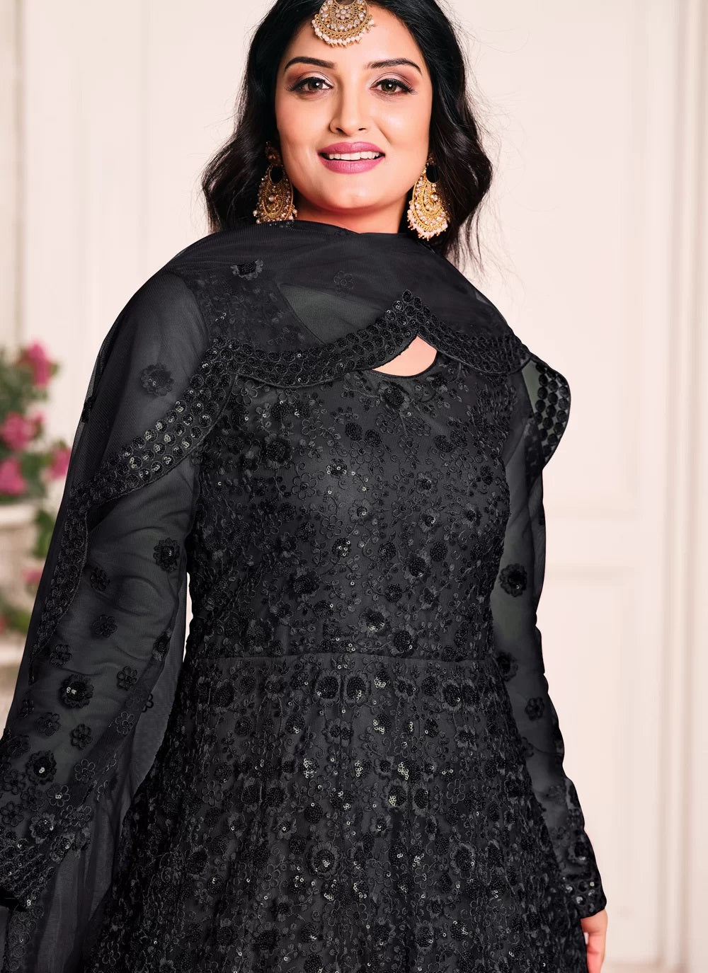 Black embroidered net abaya style anarkali suit