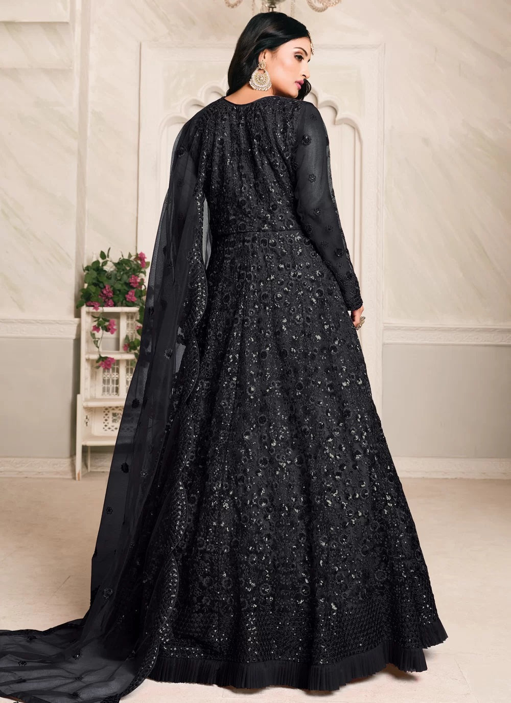 Black embroidered net abaya style anarkali suit