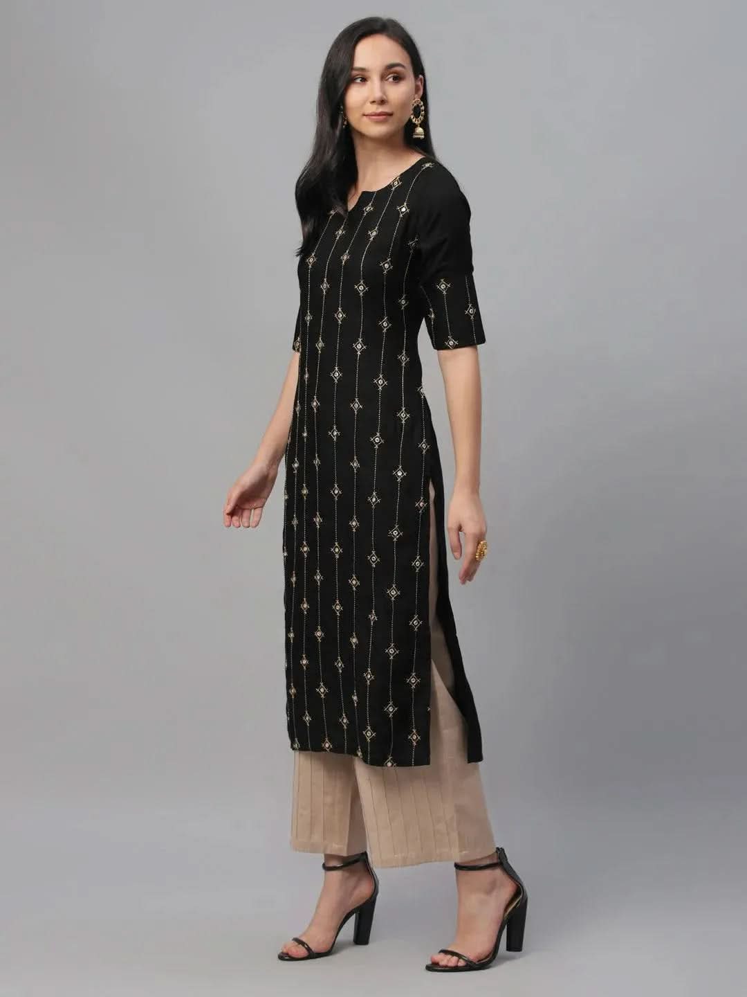 Libas Black Embroidered Rayon Kurta
