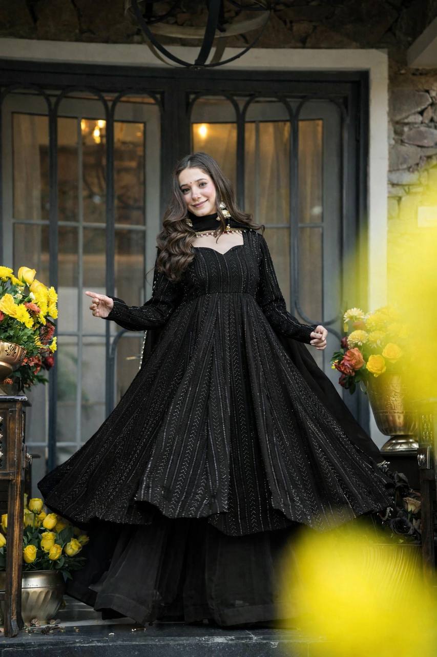 Black Embroidered Top Sharara Set