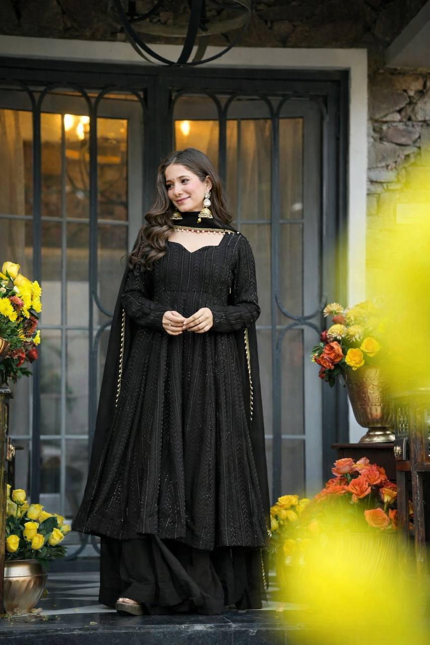 Black Embroidered Top Sharara Set