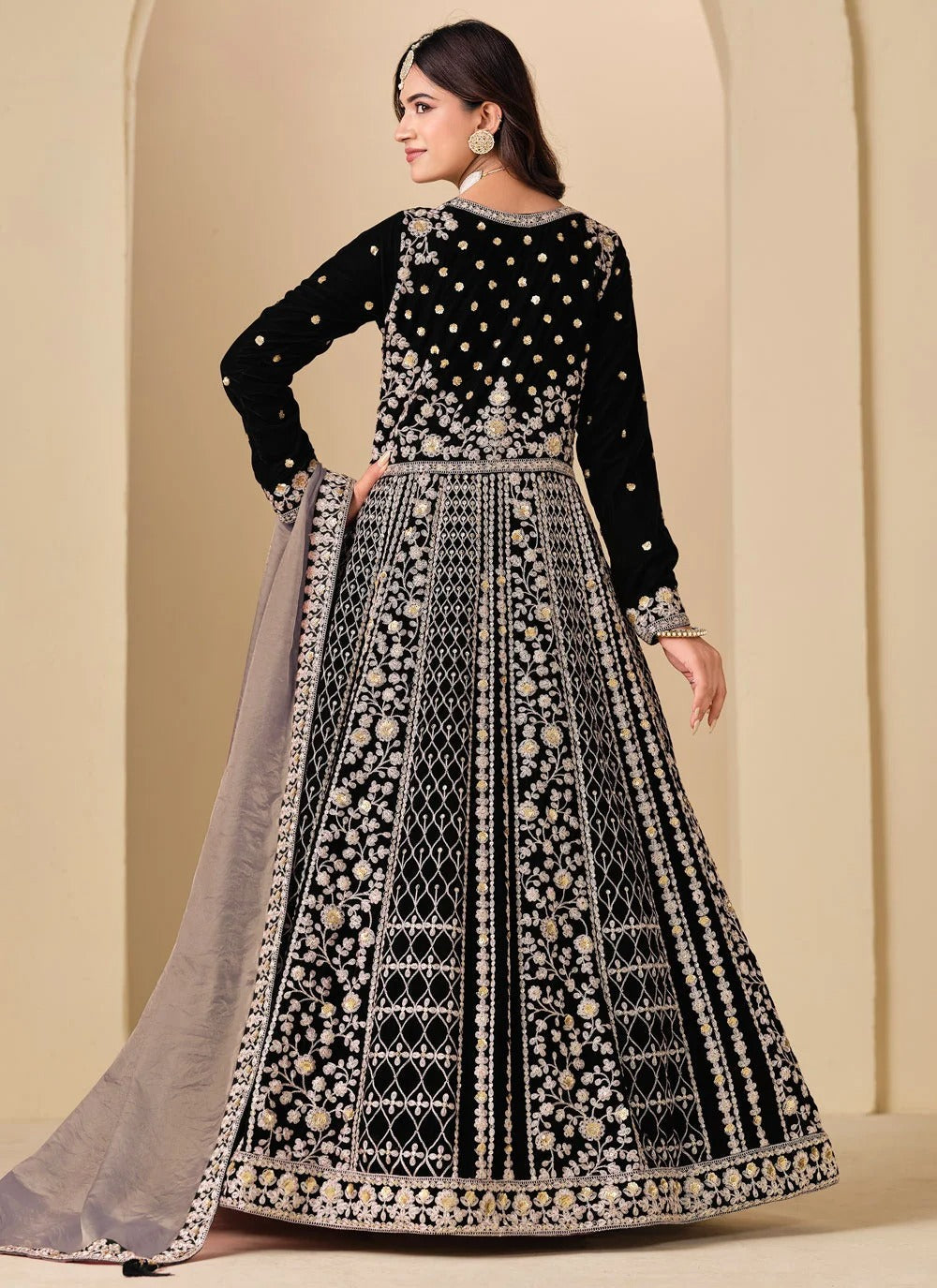 Black velvet abaya style anarkali suit with embroidery work silk dupatta