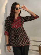 Libas Black Ethnic Printed Cotton A-Line Short Kurti