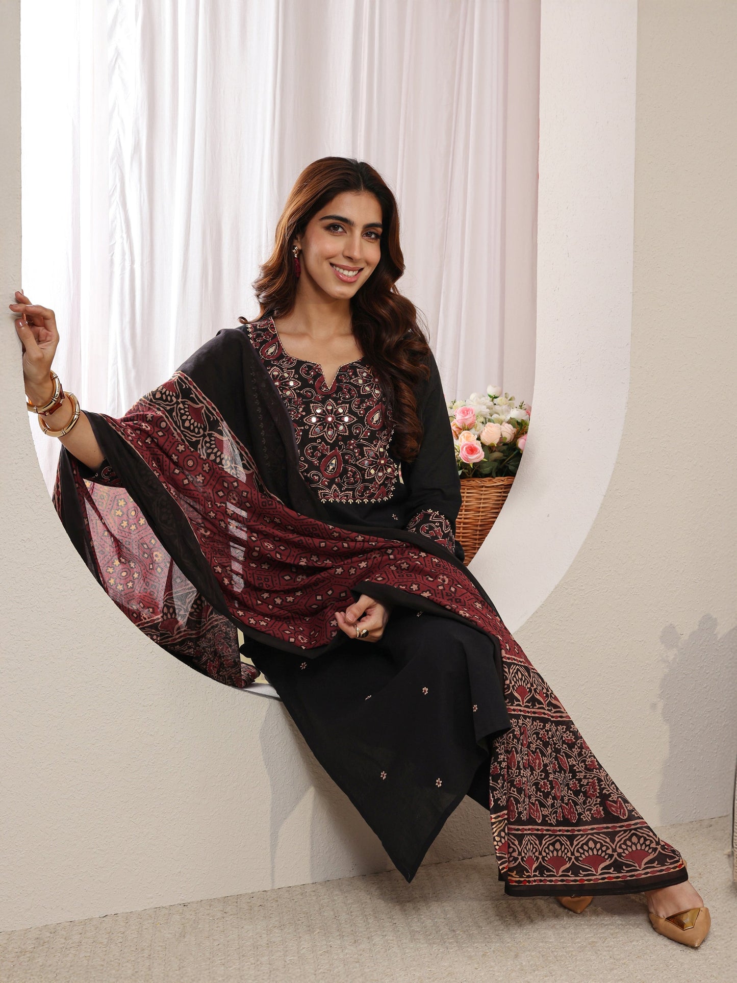 Libas Black Ethnic Printed Cotton Straight Suit Set with Dupatta