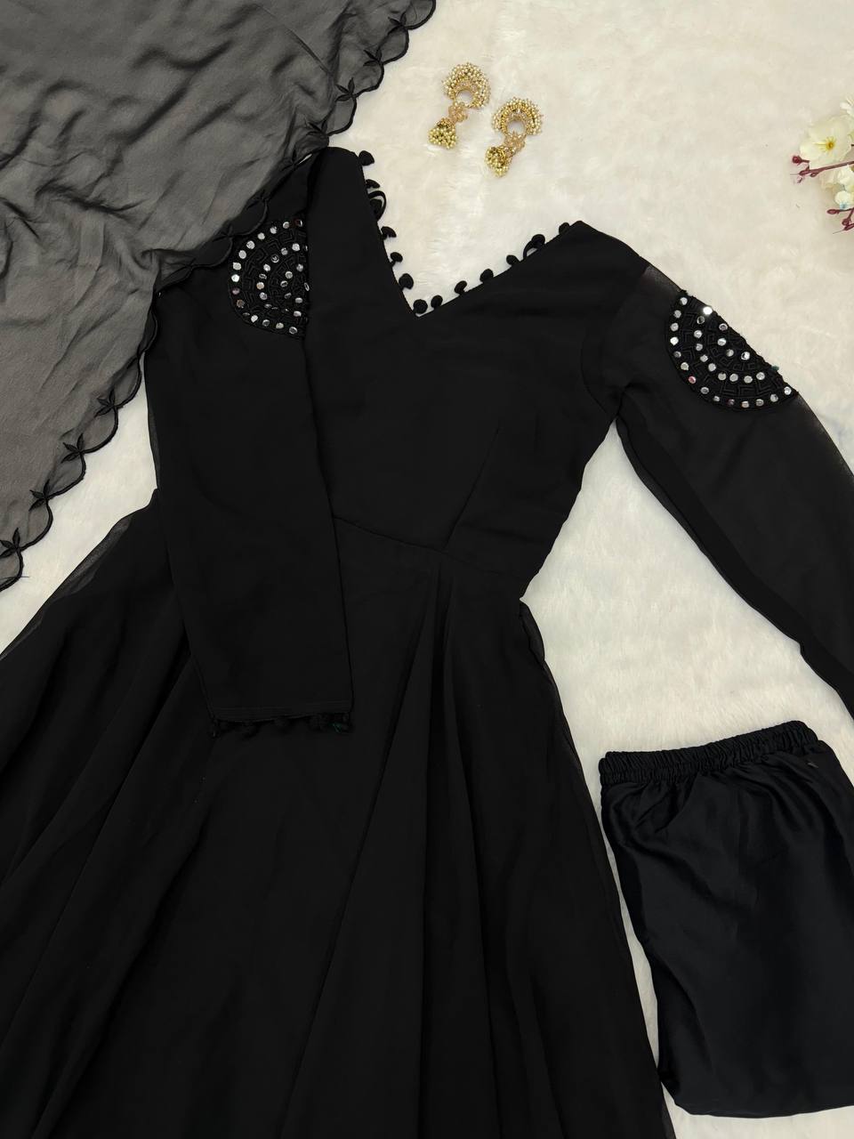 Black Exclusive Georgette Anarkali Set with Mirror Work Eid Special