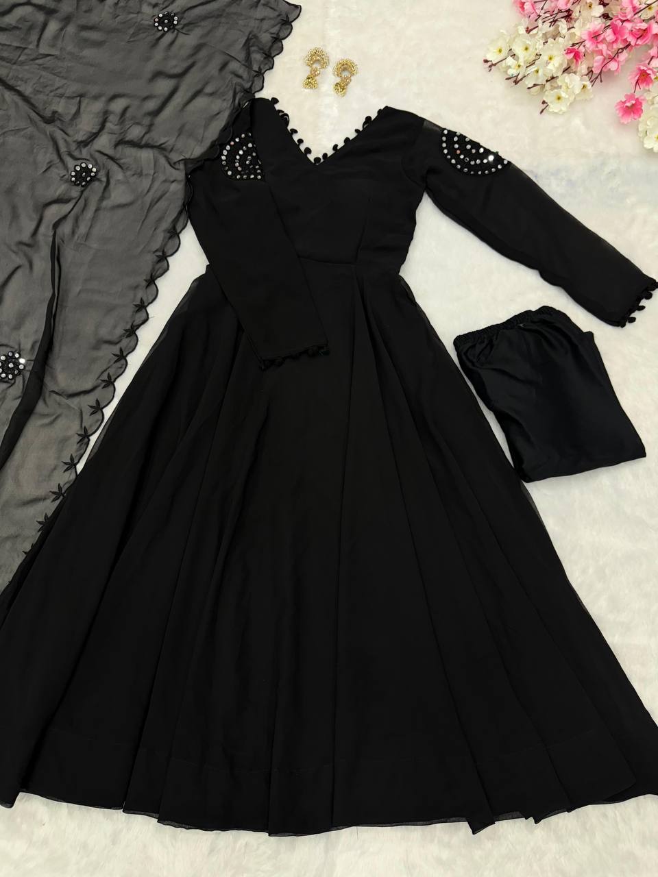 Black Exclusive Georgette Anarkali Set with Mirror Work Eid Special