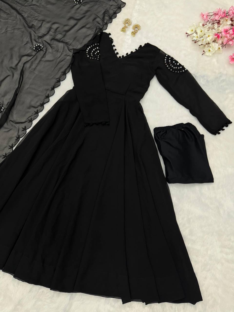 Black Exclusive Georgette Anarkali Set with Mirror Work Eid Special