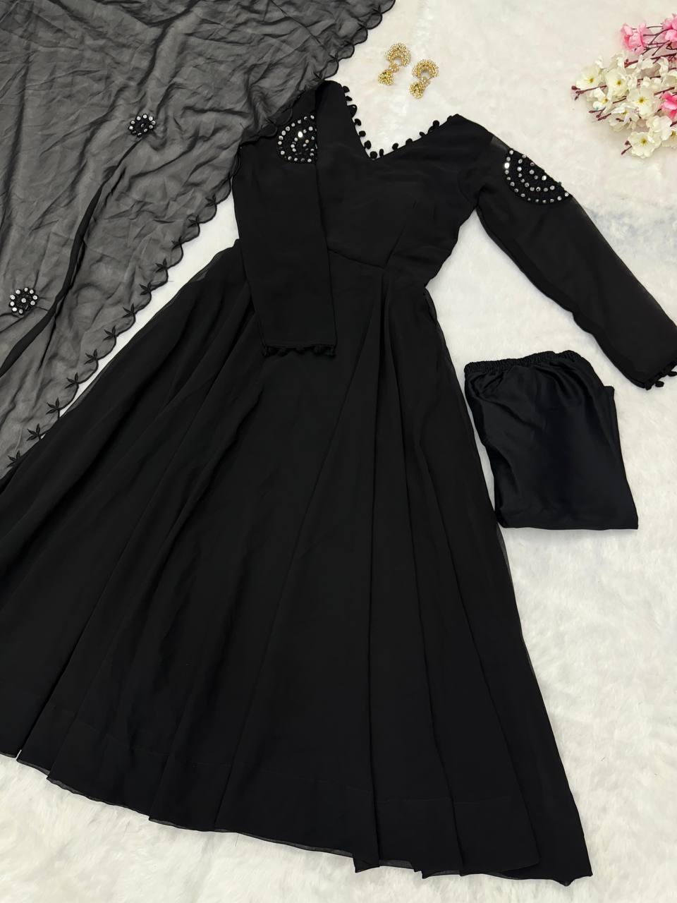 Black Exclusive Georgette Anarkali Set with Mirror Work Eid Special