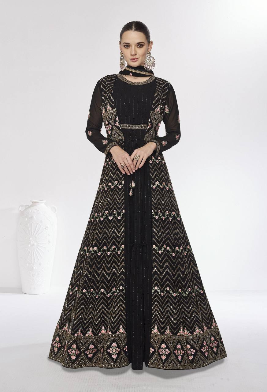 Black Exquisite Embroidered Faux Georgette Top & Jacket Set with Dupatta