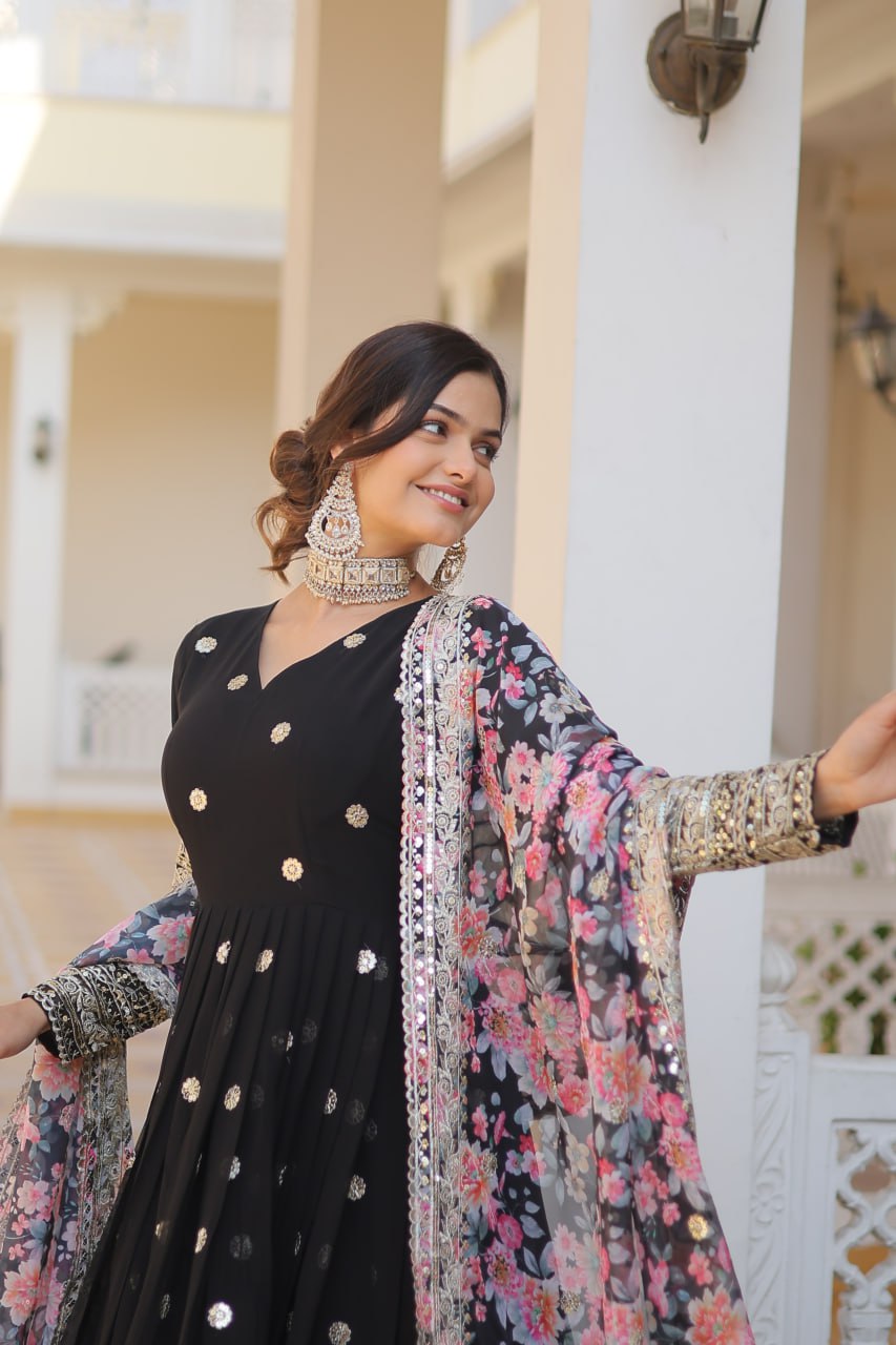 Black Exquisite Premium Designer Faux Georgette Gown with Embroidered Zari Sequins and Tabby Silk Dupatta