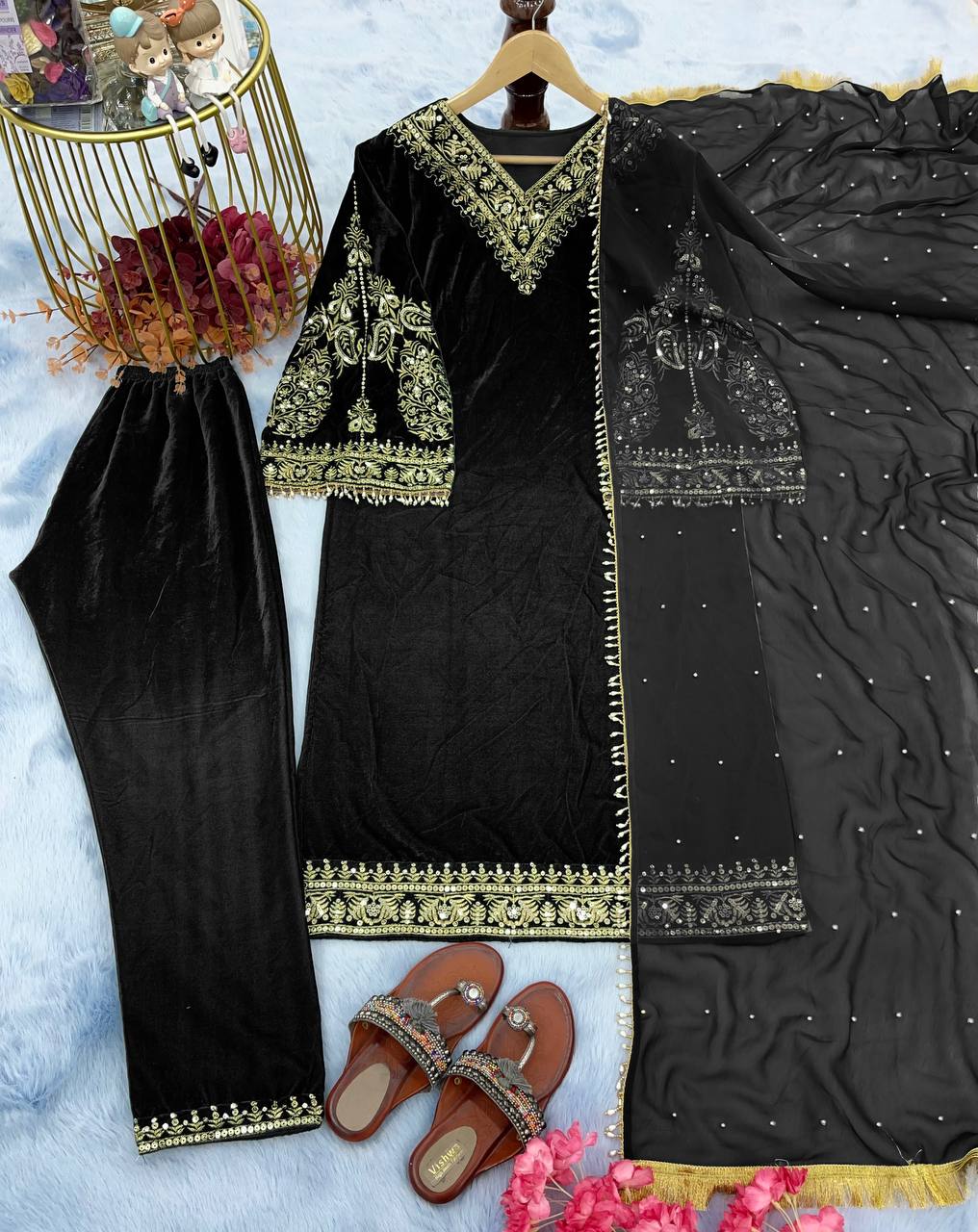Black Fancy Bell Sleeve Green Color Velvet Salwar Suit