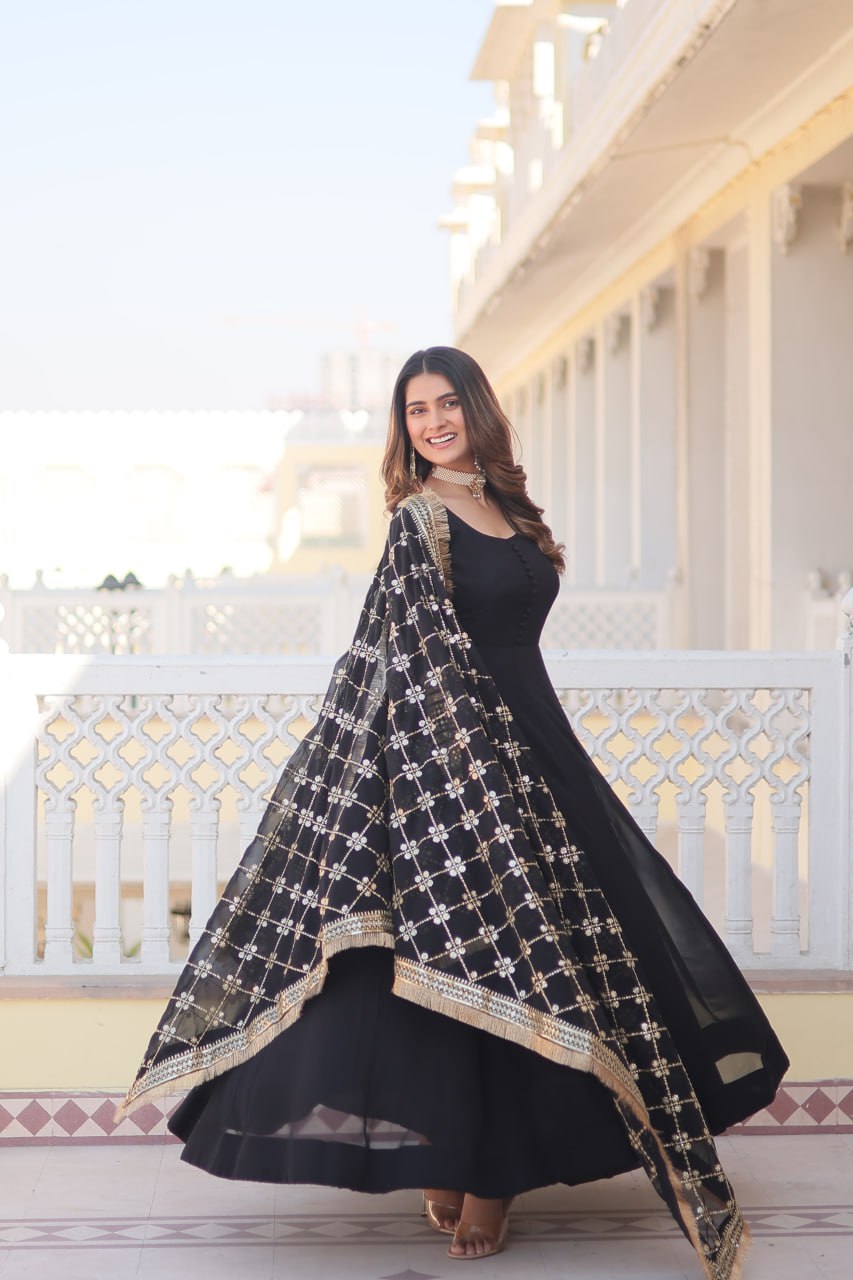 Black Faux Blooming Gown with Dupatta Featuring Attractive Embroidered Sequins Work and Lace Border