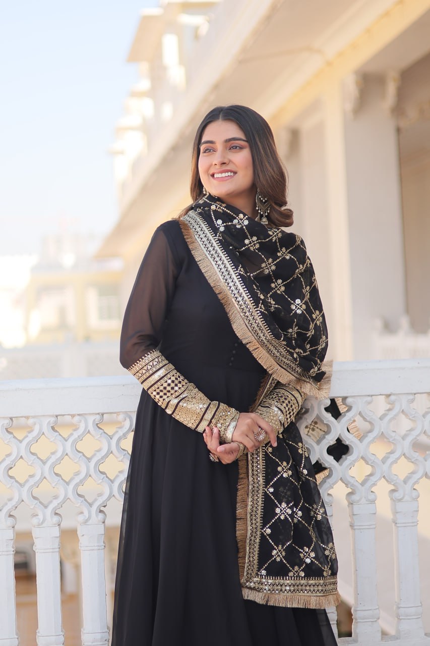 Black Faux Blooming Gown with Dupatta Featuring Attractive Embroidered Sequins Work and Lace Border