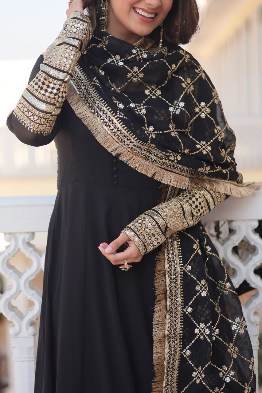 Black Faux Blooming Gown with Dupatta Featuring Attractive Embroidered Sequins Work and Lace Border